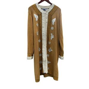 Storybook Knits HSN Women's Floral Long Full Zip-Up Sweater Tan & Cream 1xl